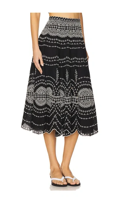 Charo Ruiz 'livvy' Black Midi Skirt With Scallop Hem And All-over Embroidery In Cotton Nad Linen Blend Woman In Black Nel?m