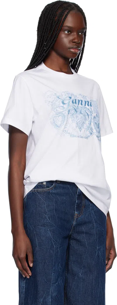 Ganni Basic Jersey Tattoo Lace Relaxed T-shirt In 151 Bright White