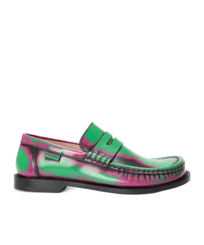 Loewe Brushed Loafers With Asymmetric Round Toe In Green/pink/burgundy