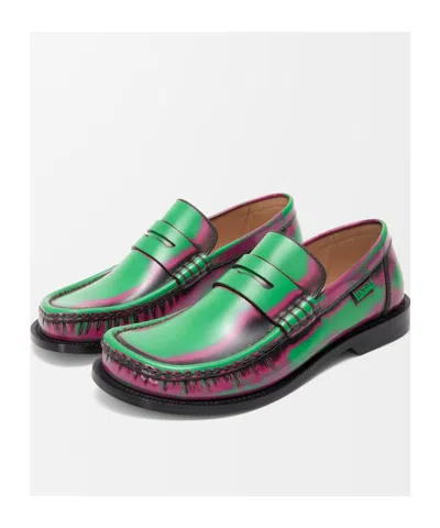 Loewe Brushed Loafers With Asymmetric Round Toe In Green/pink/burgundy