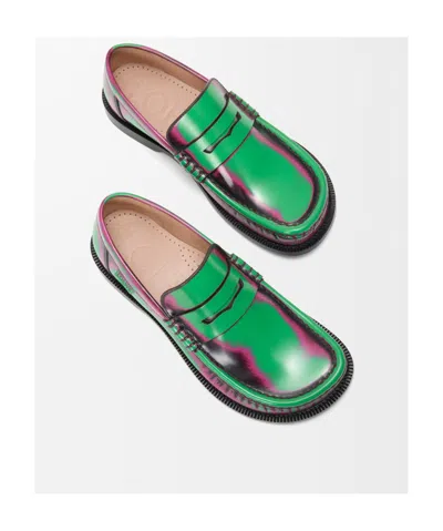 Loewe Brushed Loafers With Asymmetric Round Toe In Green/pink/burgundy