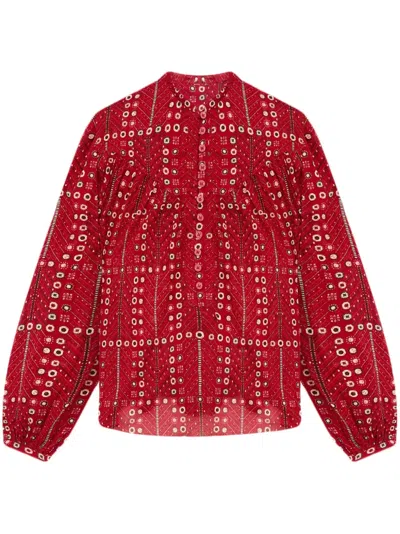 Isabel Marant Étoile 'salika' Red Crewneck Shirt With Puffed Sleeves And All-over Print In Red