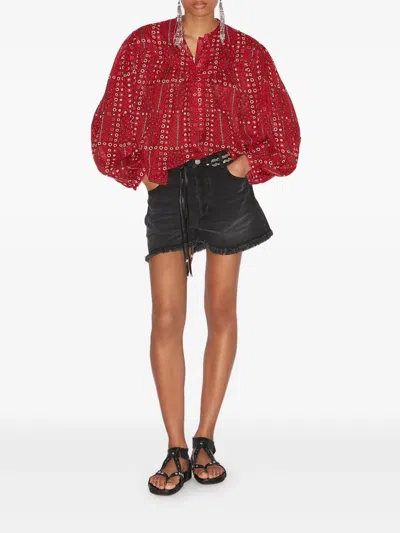 Isabel Marant Étoile 'salika' Red Crewneck Shirt With Puffed Sleeves And All-over Print In Red