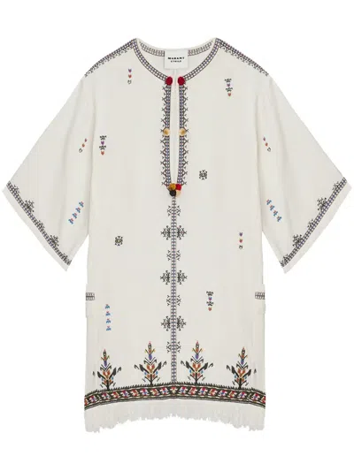 Isabel Marant Étoile 'kressy' White Dress With All-over Embroidery And Frayed Edge In Beige