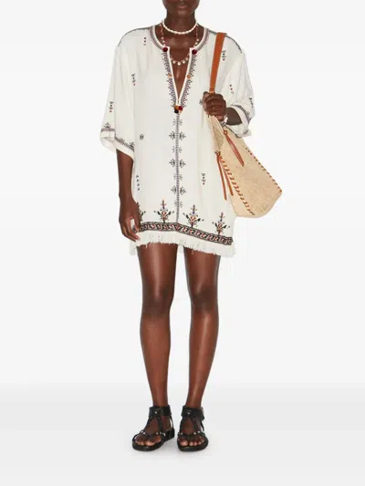 Isabel Marant Étoile 'kressy' White Dress With All-over Embroidery And Frayed Edge In Beige