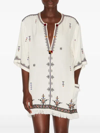 Isabel Marant Étoile 'kressy' White Dress With All-over Embroidery And Frayed Edge In Beige