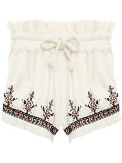 Isabel Marant Étoile Kriss Embroidered Fringed Paperbag Waist Shorts In Neutral