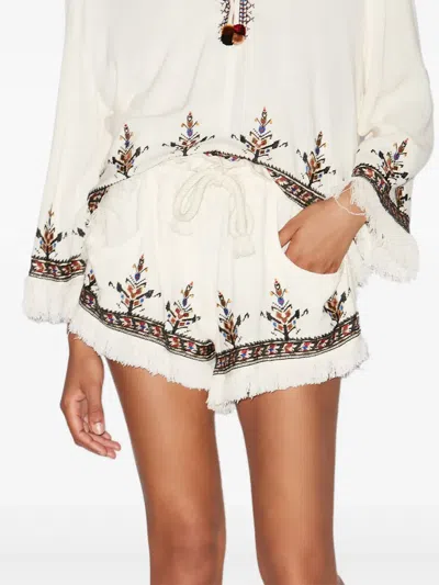Isabel Marant Étoile Kriss Embroidered Fringed Paperbag Waist Shorts In Neutral