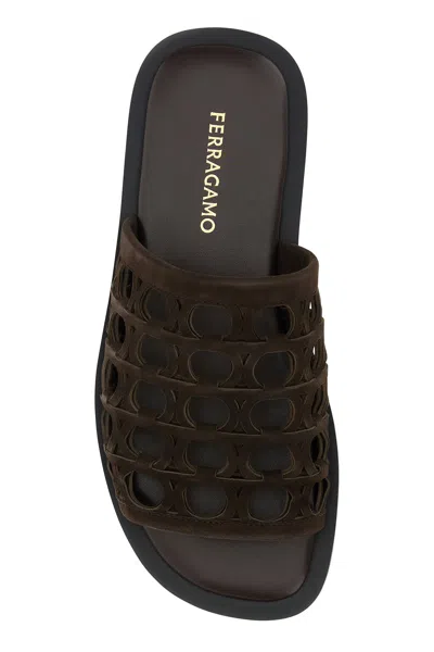 Ferragamo Suede Barbados Slippers Featuring Cut-out Detailing In Black
