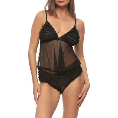 Black Bow Veil Ruffle Mesh Camisole & Briefs Set In Black