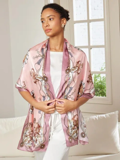 Silksilky 100% Mulberry Silk Printed Rectangular Long Shawl Scarf 170x53cm In Pink