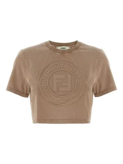 Fendi Beige Washed-out Cropped T-shirt With Logo In Neutral