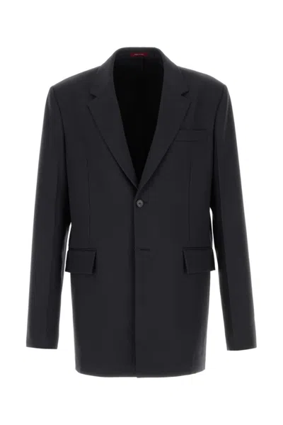 Gucci Men Dark Grey Jacket With Chest Pocket And Embossed Logo In Wool Gabardine Man In Blue