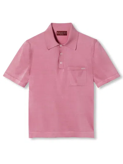Gucci Pink Polo Shirt With Chest Pocket And Embroidered Logo On The Front In Fine Silk Knit Man In Animal Print