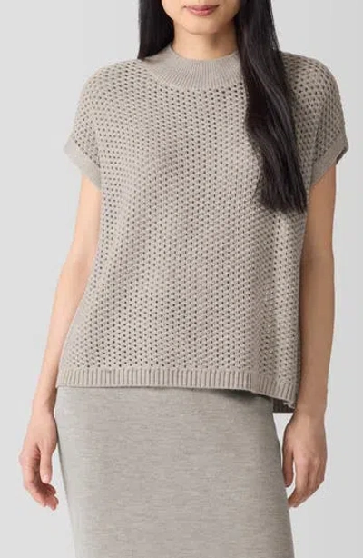 Eileen Fisher Open Stitch Mock Neck Short Sleeve Wool Sweater In Dove