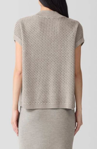 Eileen Fisher Open Stitch Mock Neck Short Sleeve Wool Sweater In Dove