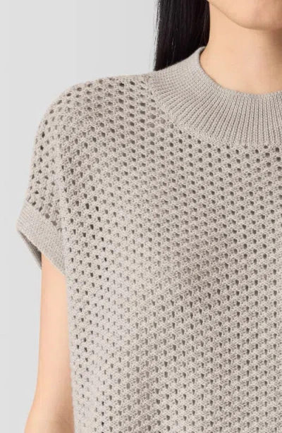 Eileen Fisher Open Stitch Mock Neck Short Sleeve Wool Sweater In Dove
