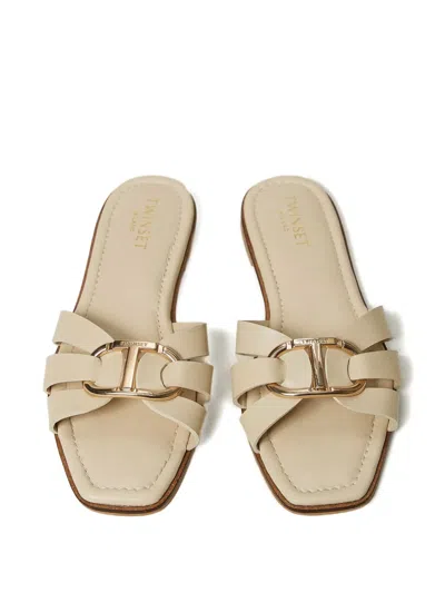 Twinset Beige Sandals With Logo Plaque On The Front And Square Toe In Nude