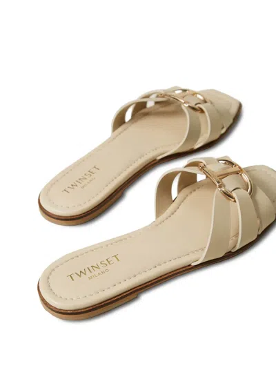 Twinset Beige Sandals With Logo Plaque On The Front And Square Toe In Nude