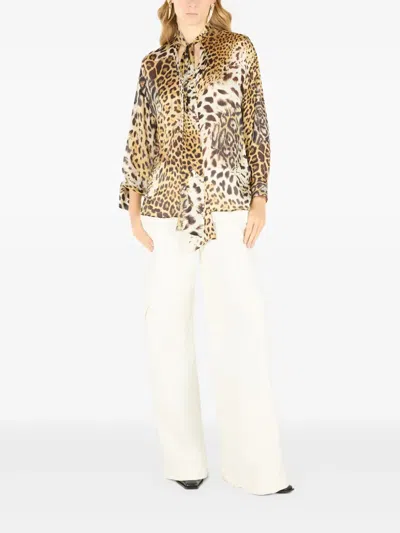 Roberto Cavalli Jaguar Printed Silk Pullover Blouse In Nude