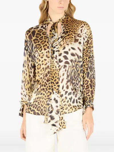 Roberto Cavalli Jaguar Printed Silk Pullover Blouse In Nude