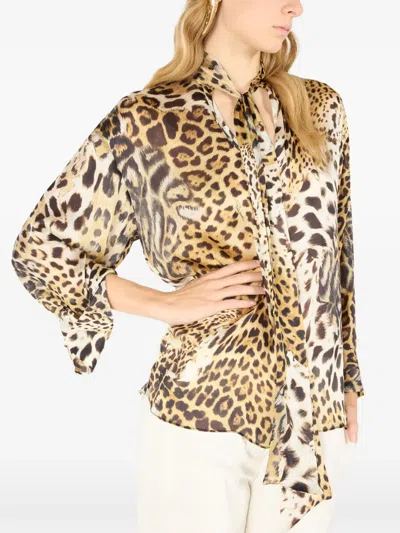 Roberto Cavalli Jaguar Printed Silk Pullover Blouse In Nude