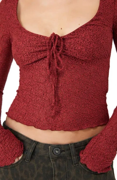 Bdg Urban Outfitters Quinn Tie Front Lace Top In Burgundy