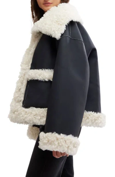 Free People Kiki Faux Leather Jacket With High Pile Fleece Trim In Black Combo