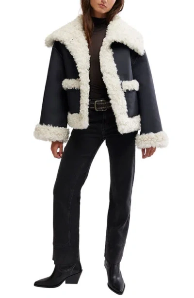 Free People Kiki Faux Leather Jacket With High Pile Fleece Trim In Black Combo