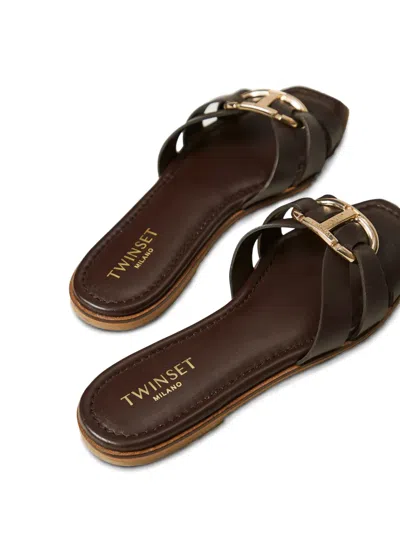 Twinset Woman Sandals Dark Brown Size 8 Cow Leather In Braun