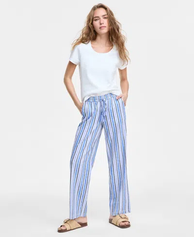 Liverpool Los Angeles Stripe Linen Blend Drawstring Wide Leg Pants In White,blue Multi Stripe