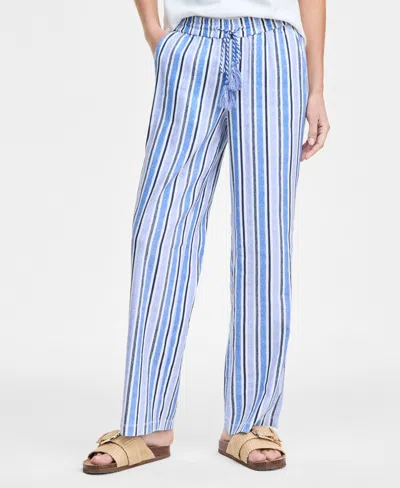 Liverpool Los Angeles Stripe Linen Blend Drawstring Wide Leg Pants In White,blue Multi Stripe
