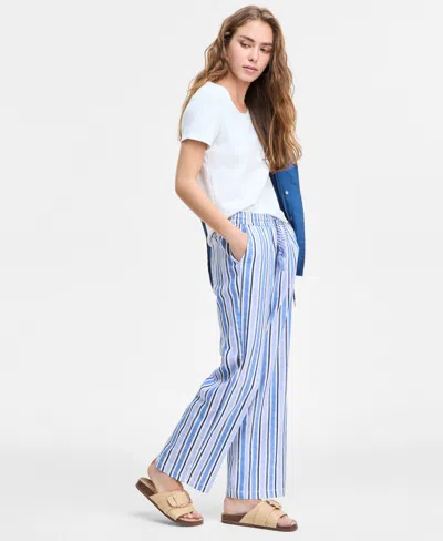 Liverpool Los Angeles Stripe Linen Blend Drawstring Wide Leg Pants In White,blue Multi Stripe