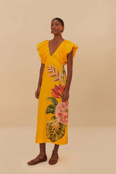 Farm Rio Off-white Spring Awakening Euroflax Premium Linen Midi Dress In Spring Awakening Off-white