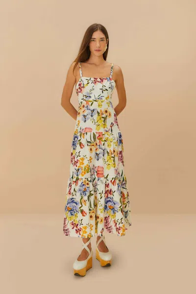 Farm Rio Dress With Floral Print In Linen Blend In Greek Garden Off-white