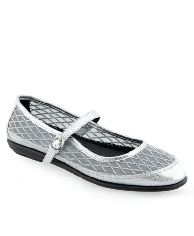 Aerosoles Women's Baylee Round Toe Mary Jane Flats In Silver Mesh Fabric