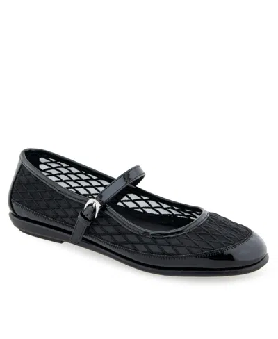 Aerosoles Women's Baylee Round Toe Mary Jane Flats In Black Mesh Fabric