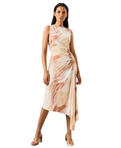 Luxely Asymmetric Satin Midi Dress In Neutral