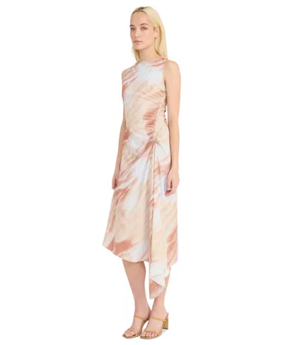Luxely Asymmetric Satin Midi Dress In Neutral
