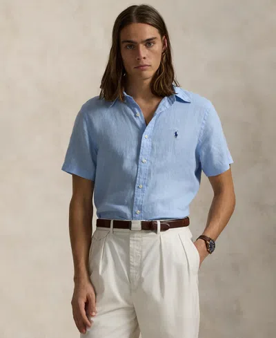 Polo Ralph Lauren Mens Logo-embroidered Classic-fit Linen Shirt Office Blue In Office Blue