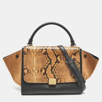 Pre-owned Celine Orange/black Python Leather And Suede Medium Trapeze Top Handle Bag