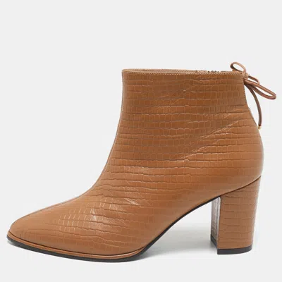 Pre-owned Stuart Weitzman Brown Croc Embossed Leather Ankle Length Boots Size 37.5