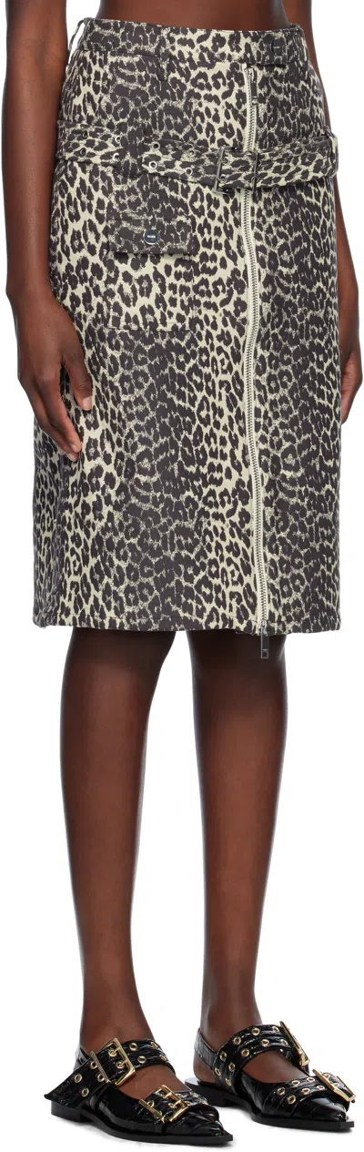 Ganni Beige & Black Cotton Tweed Midi Skirt In 943 Leopard