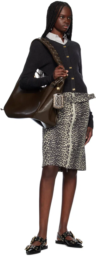 Ganni Beige & Black Cotton Tweed Midi Skirt In 943 Leopard