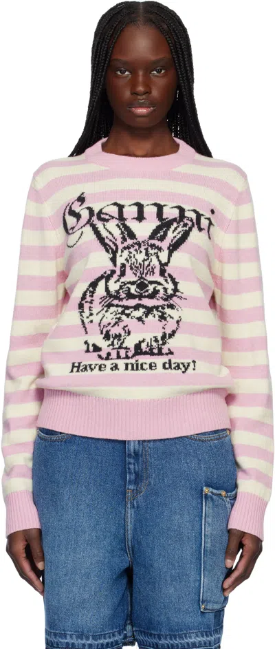 Ganni Striped Graphic Wool Mix Bunny Crewneck In Multi