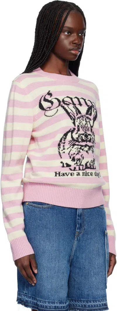 Ganni Striped Graphic Wool Mix Bunny Crewneck In Multi