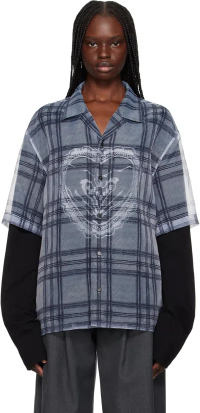 We11 Done Gray Heart Layered Check Pattern Shirt In Grey
