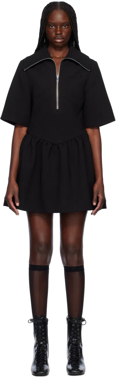 Ganni Mini Dress With Gathered Waist And Short Sleeves In Black