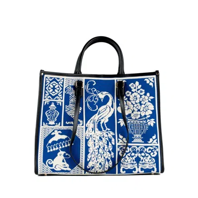 My Best Bag Firenze Large Athena Willow Shopper Bag With Blue And White Print In White, Blue
