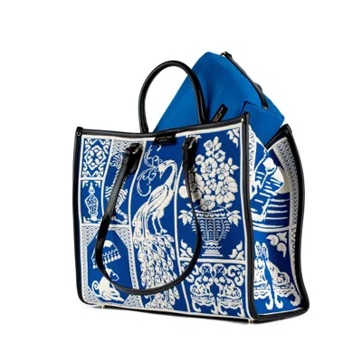 My Best Bag Firenze Large Athena Willow Shopper Bag With Blue And White Print In White, Blue